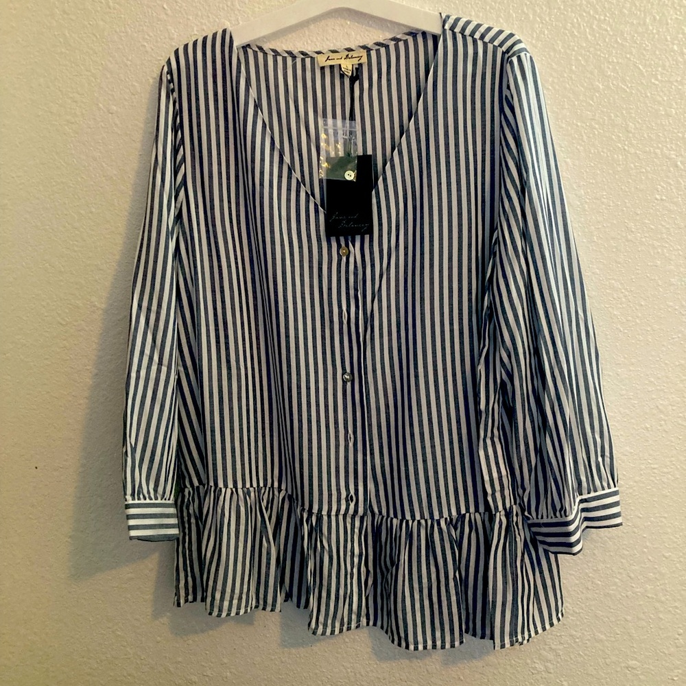 New with tags charcoal stripe peplum ruffle blouse.